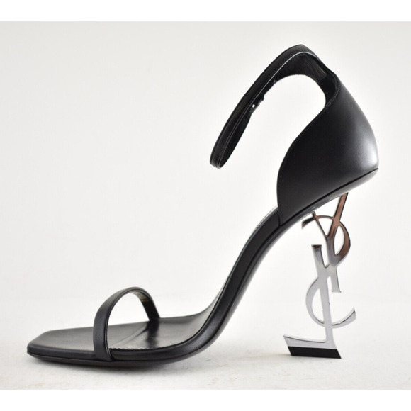 Saint Laurent Opyum 110 Black Leather Silver YSL Logo Strap Sandal Heel Pump 37 - Picture 8 of 11